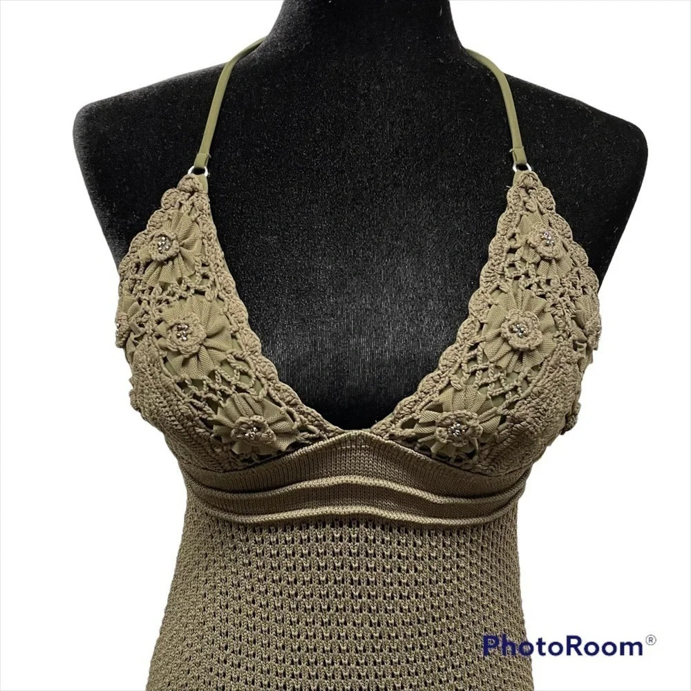 Panos Emporio of Sweden crochet swim dress cover up M olive green
